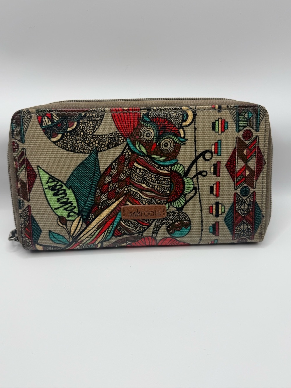 Sakroots Beige Owl Print Zip Wallet with Teal & Red Accents